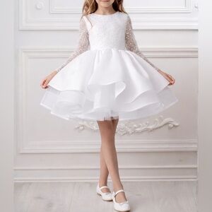 White Beaded Long Sleeve Tiered Satin Tulle Princess Flower Girl Dress Size 6-7